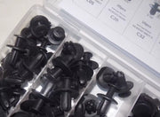 Size chart for the six nylon push retainer clip sizes in the 100 piece kit