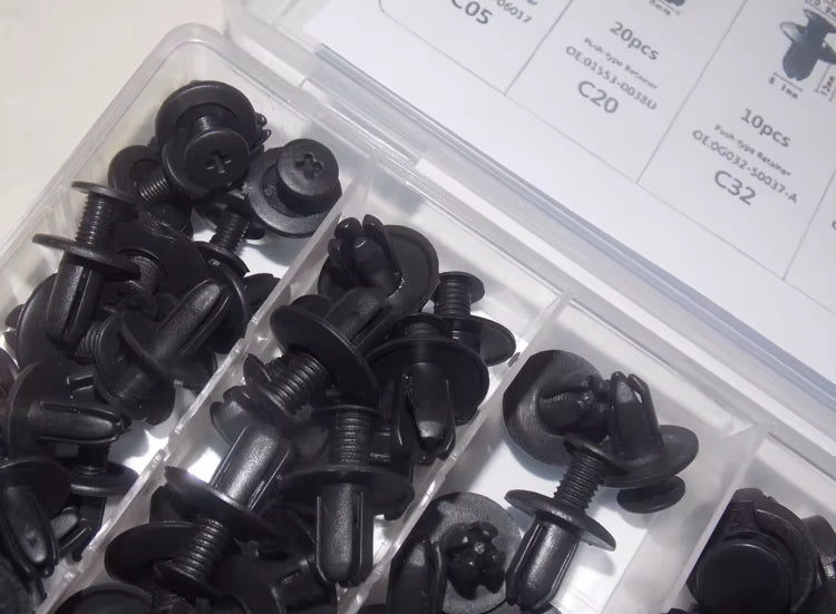 Size chart for the six nylon push retainer clip sizes in the 100 piece kit