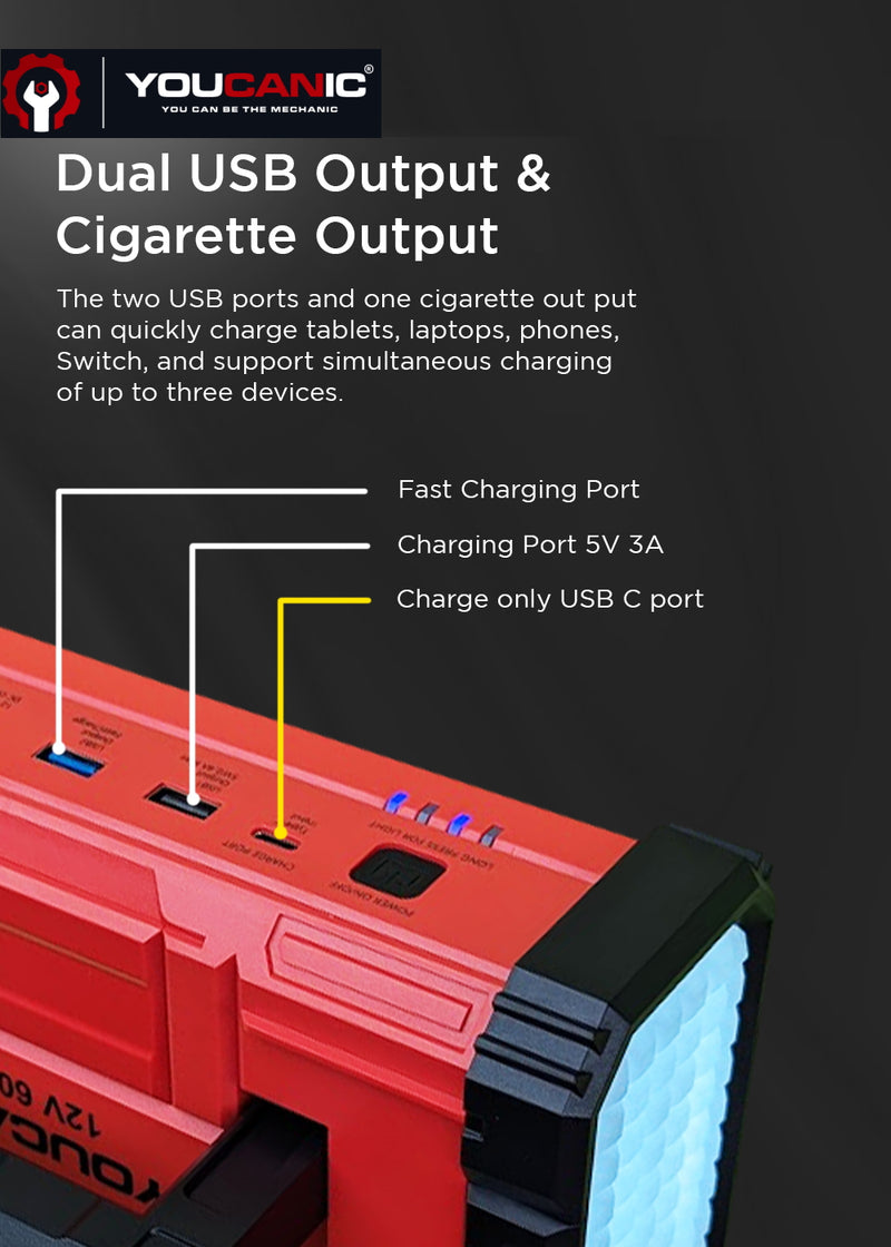 YOUCANIC Pro 6000A jump starter 24,000 mAh power bank charging a phone