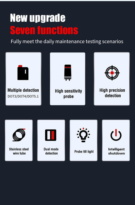 Brake Fluid Tester with High-Resolution Display, Universal Probe & Alarm – Tests DOT3, DOT4, DOT5.1