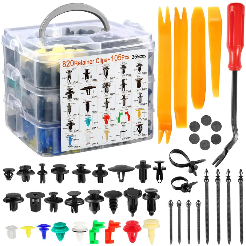 Divided case of the 925 piece car clip kit showing 26 push retainer sizes