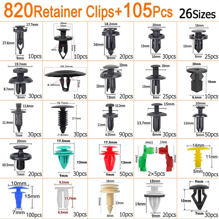 925 pcs Plastic Car Clips for Ford, Chrysler, Chevy, Mazda, Jeep, and more. Car Bumper Fastener 26 Sizes Push Retainer Rivets Kit Door Trim Panel Fender Clips Bumper Clips C0066