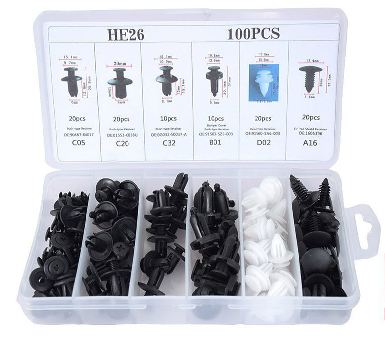 100pcs Auto Fastener Clip Kit – 6 Sizes Car Body Push Retainer Rivet Bumper Door Trim Panel Clips