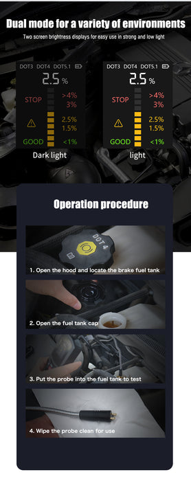 Brake Fluid Tester with High-Resolution Display, Universal Probe & Alarm – Tests DOT3, DOT4, DOT5.1