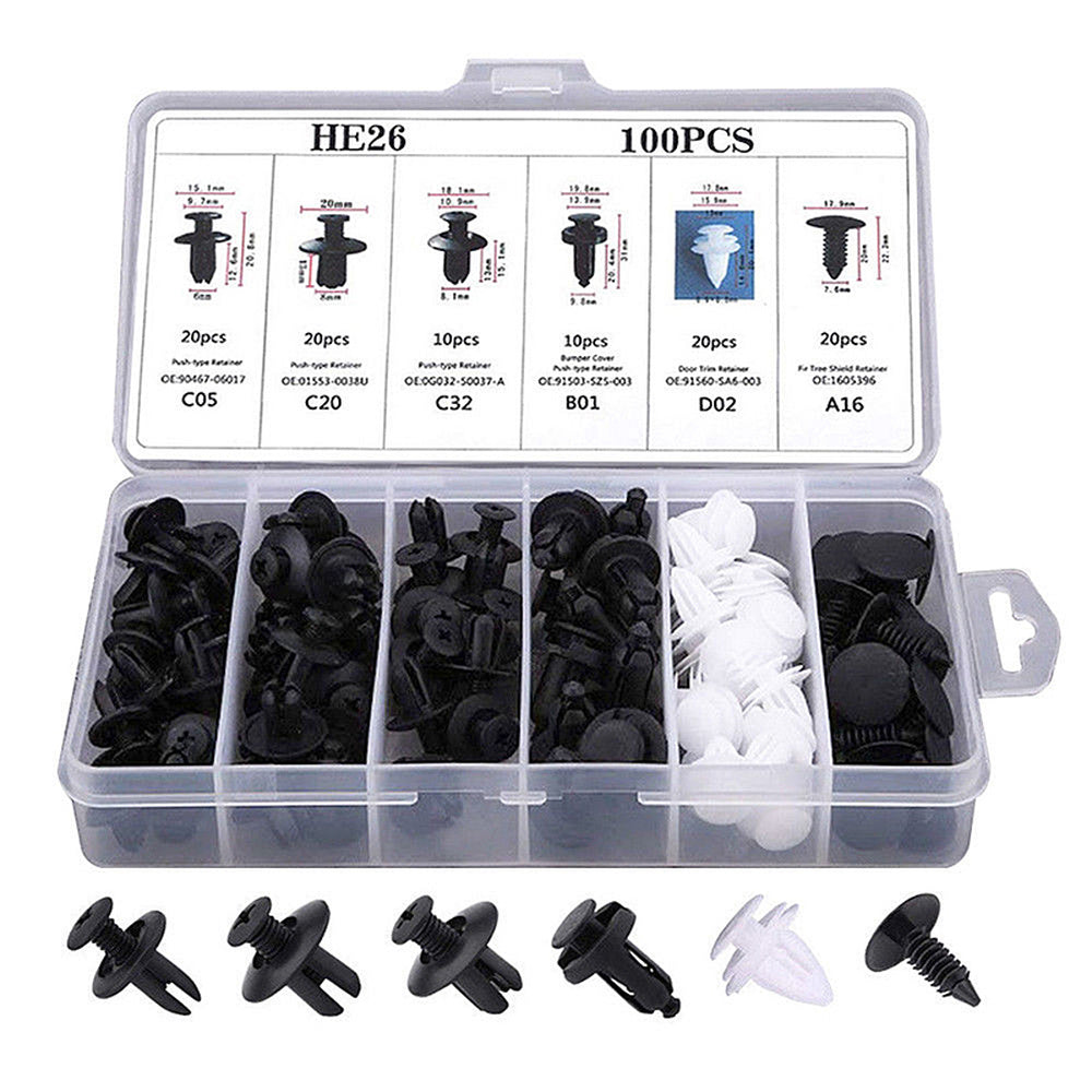 100pcs Auto Fastener Clip Kit – 6 Sizes Car Body Push Retainer Rivet Bumper Door Trim Panel Clips