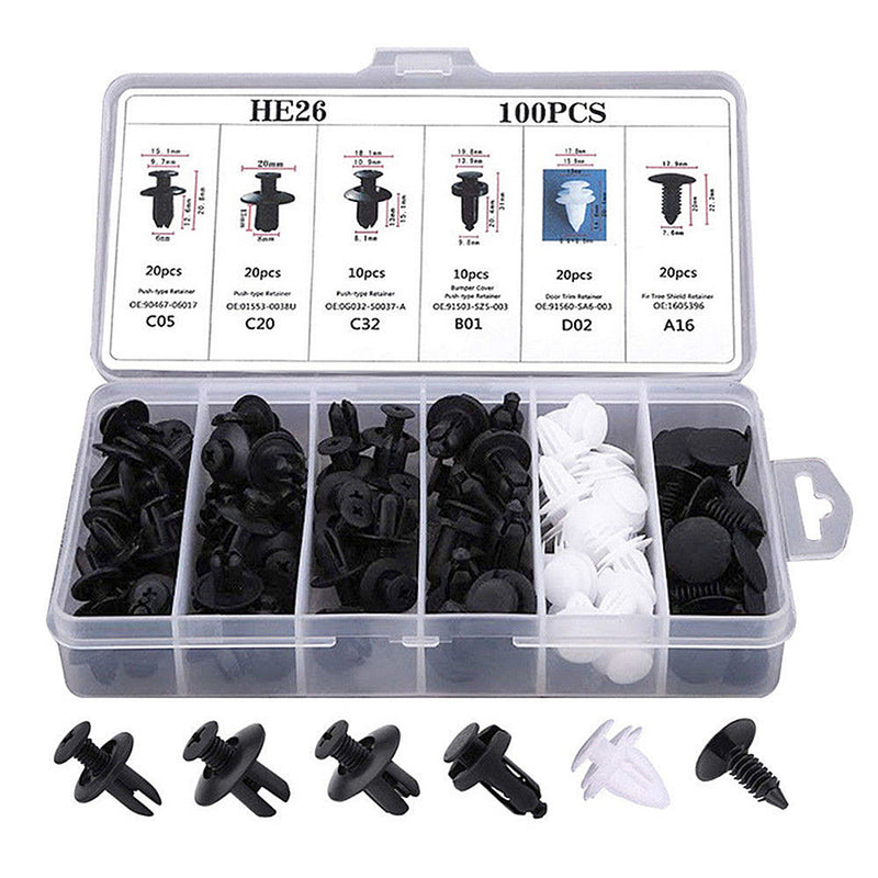 100 piece automotive push retainer clip kit in a divided storage case