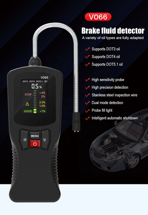 Brake Fluid Tester with High-Resolution Display, Universal Probe & Alarm – Tests DOT3, DOT4, DOT5.1