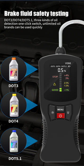 Brake Fluid Tester with High-Resolution Display, Universal Probe & Alarm – Tests DOT3, DOT4, DOT5.1