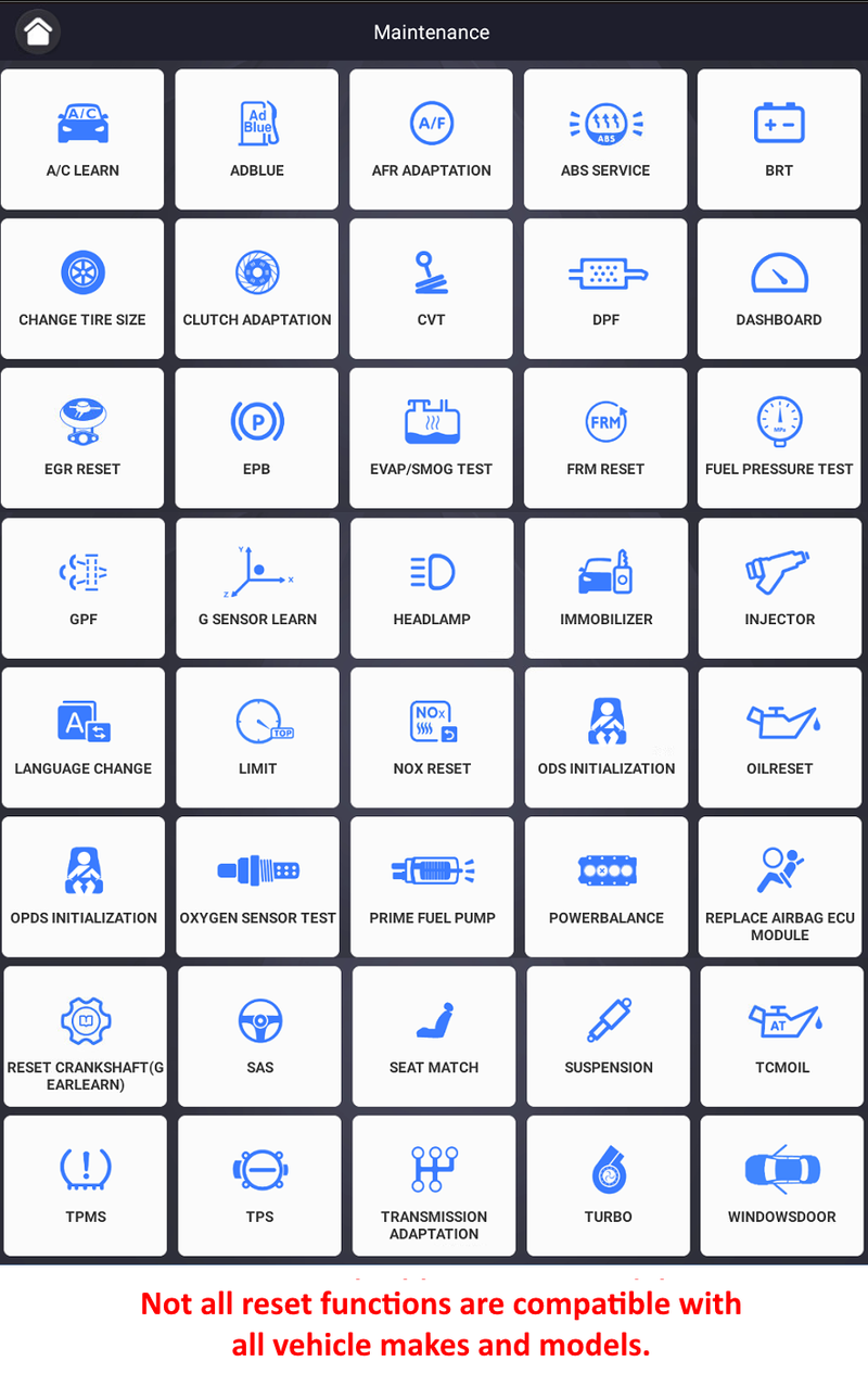 Maintenance and service functions menu on the YOUCANIC UCAN-II Pro
