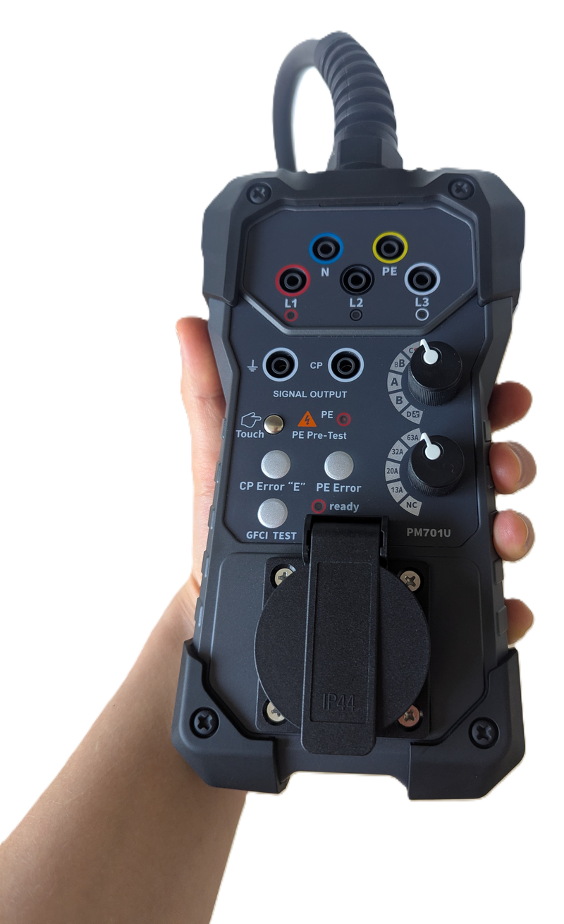 PM701U EVSE tester with its attached Type 1 J1772 test cable