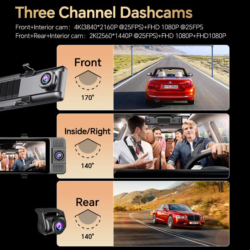 WiFi 3 Channel 4K 11.26 Inch Rearview Mirror Three Way Dash Cam Inside Vehicle Camera DVRs Video Recorder Infrared Night Vision