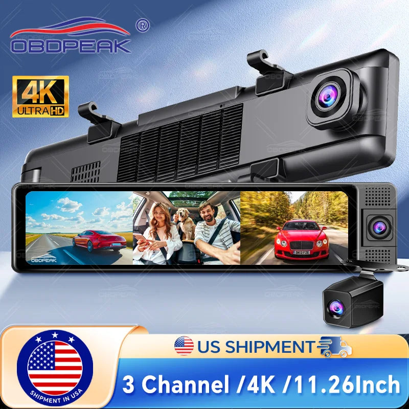 WiFi 3 Channel 4K 11.26 Inch Rearview Mirror Three Way Dash Cam Inside Vehicle Camera DVRs Video Recorder Infrared Night Vision