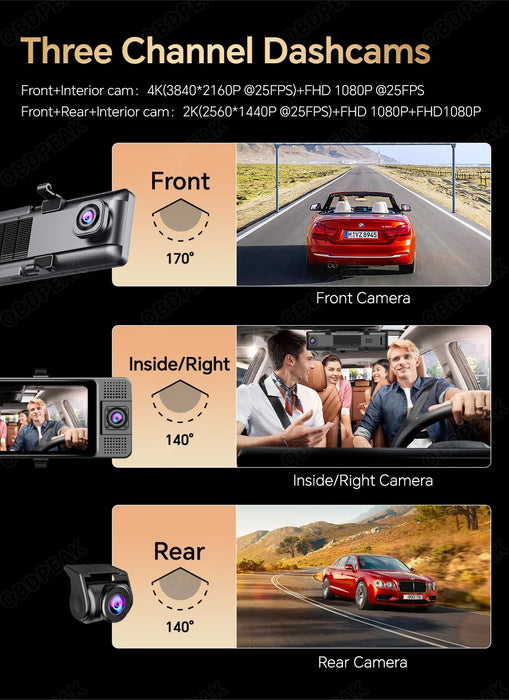 WiFi 3 Channel 4K 11.26 Inch Rearview Mirror Three Way Dash Cam Inside Vehicle Camera DVRs Video Recorder Infrared Night Vision