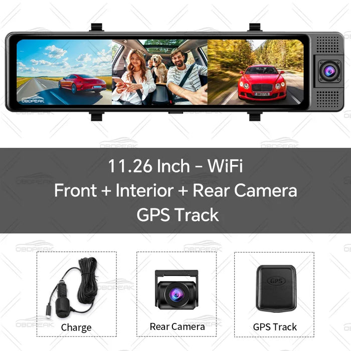 WiFi 3 Channel 4K 11.26 Inch Rearview Mirror Three Way Dash Cam Inside Vehicle Camera DVRs Video Recorder Infrared Night Vision