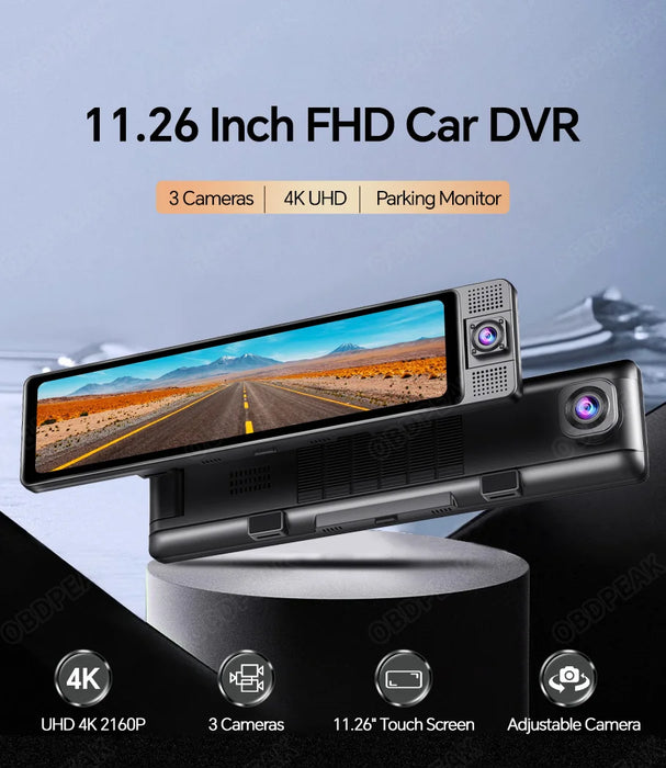 WiFi 3 Channel 4K 11.26 Inch Rearview Mirror Three Way Dash Cam Inside Vehicle Camera DVRs Video Recorder Infrared Night Vision