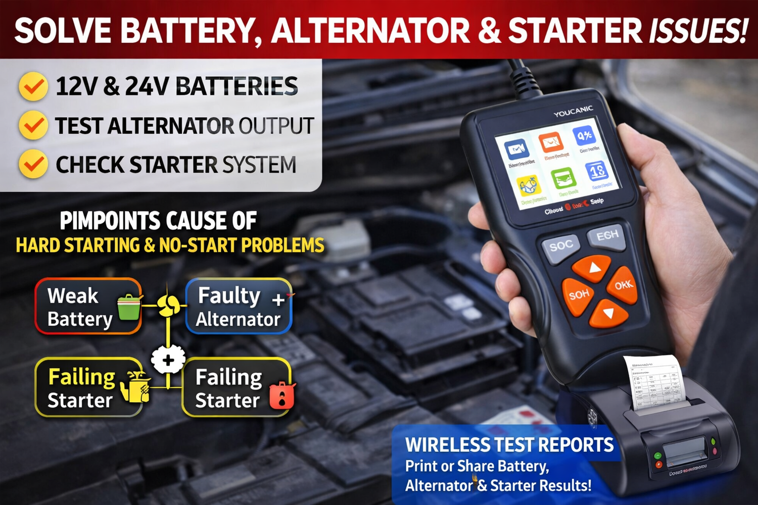 Herramienta de prueba de sistema de carga, alternador y batería de 12 V YOUCANIC