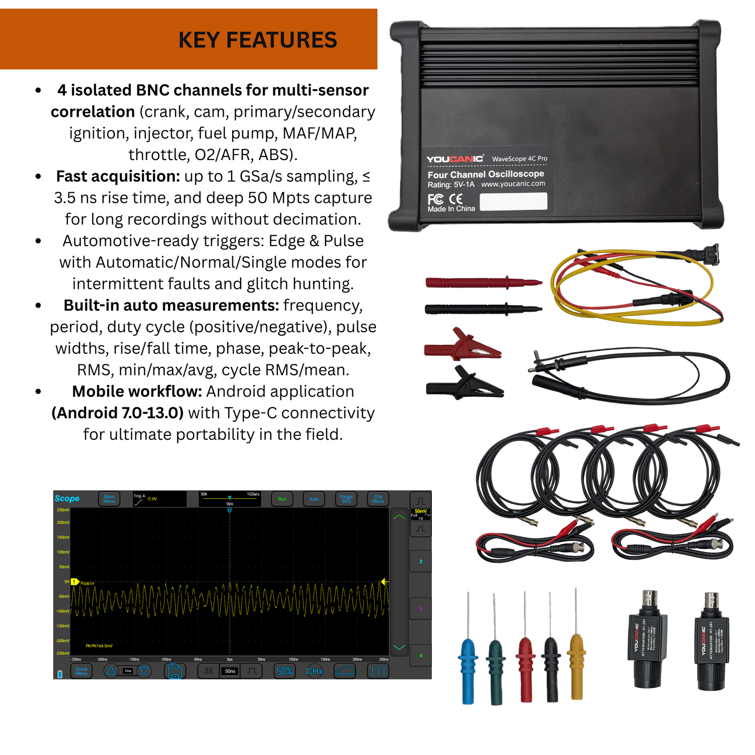 YOUCANIC WaveScope 4C Pro — Automotive 4-Channel Diagnostic Oscilloscope (100 MHz | 1 GSa/s)