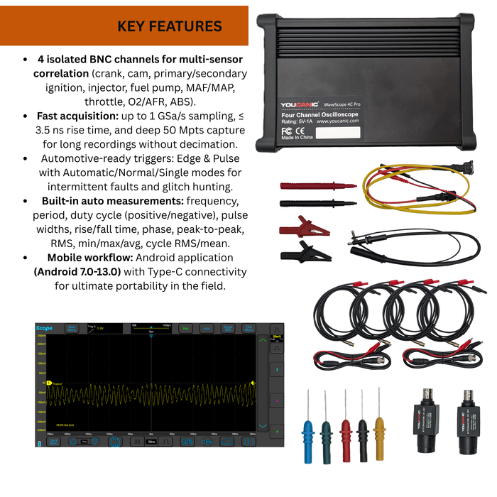 YOUCANIC WaveScope 4C Pro — Automotive 4-Channel Diagnostic Oscilloscope (100 MHz | 1 GSa/s)